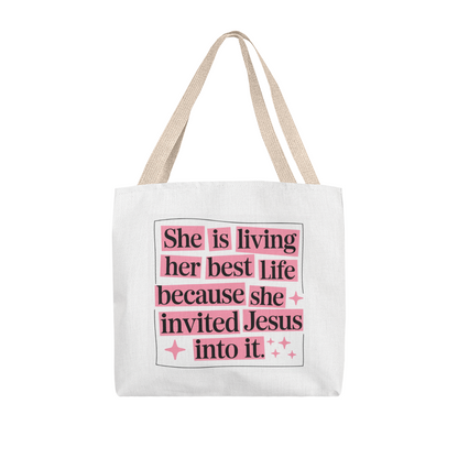She Is Living Her Best Life” Christian Quote Tote Bag – Faith & Inspiration Carryall