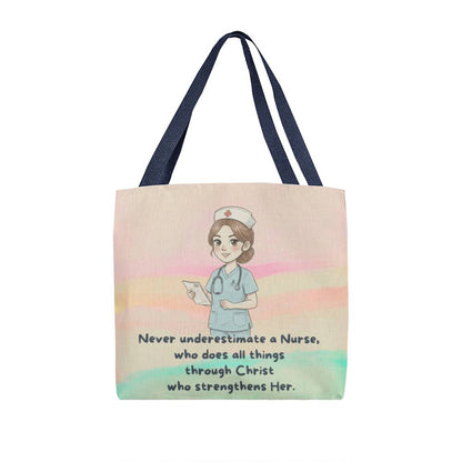 Christian Nurse Tote Bag – Never Underestimate a Nurse Through Christ | Inspirational Faith Gift for Nurses & Healthcare Heroes