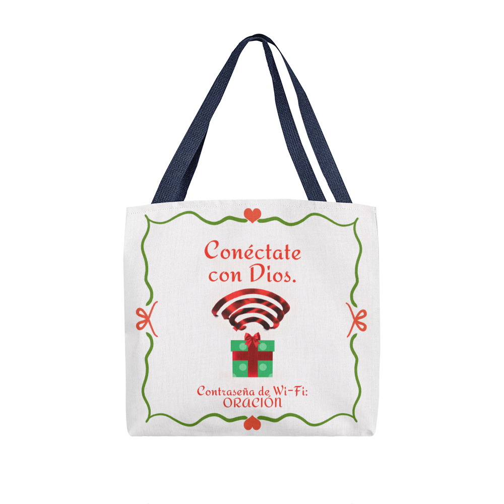 Christian gift bag glowing under holiday lights