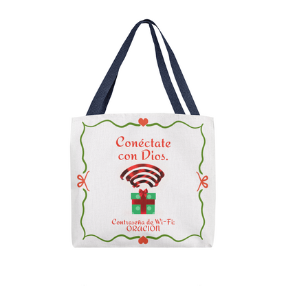 Christian gift bag glowing under holiday lights