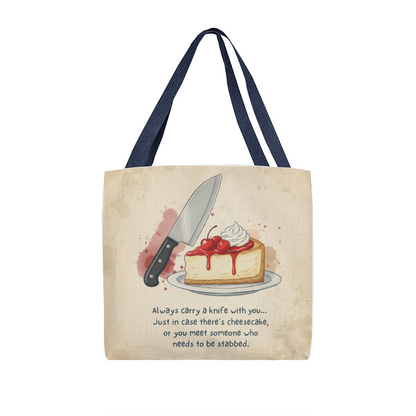 Funny Cheesecake Tote Bag – Humorous Knife & Dessert Quote Gift for Food Lovers, Bakers & Sarcastic Friends