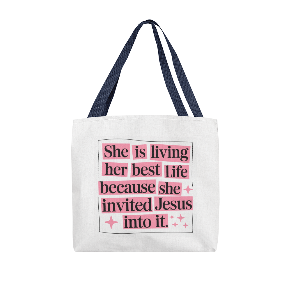 She Is Living Her Best Life” Christian Quote Tote Bag – Faith & Inspiration Carryall