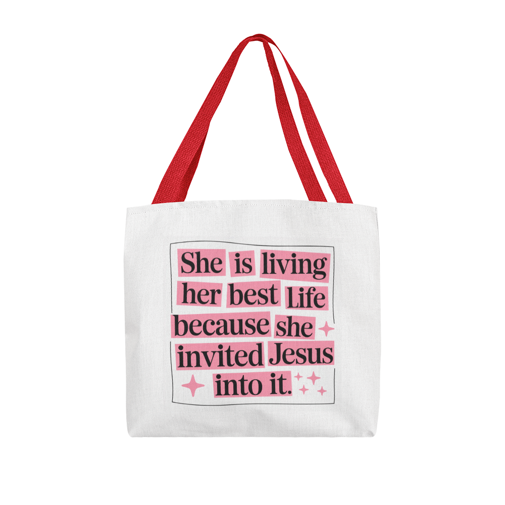 She Is Living Her Best Life” Christian Quote Tote Bag – Faith & Inspiration Carryall
