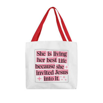 She Is Living Her Best Life” Christian Quote Tote Bag – Faith & Inspiration Carryall