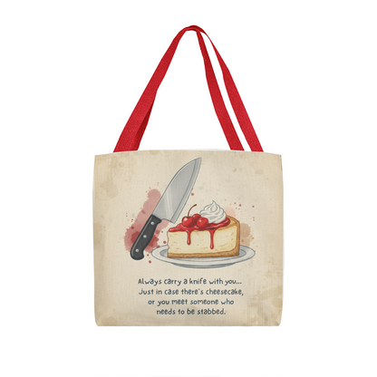 Funny Cheesecake Tote Bag – Humorous Knife & Dessert Quote Gift for Food Lovers, Bakers & Sarcastic Friends