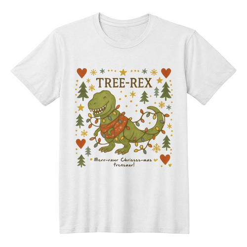 Tree-Rex Christmas shirt with T-Rex wrapped in Christmas lights