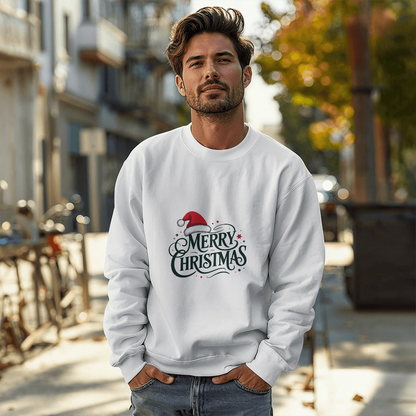 Merry Christmas Santa Hat Crewneck Sweatshirt | Cozy Holiday Pullover