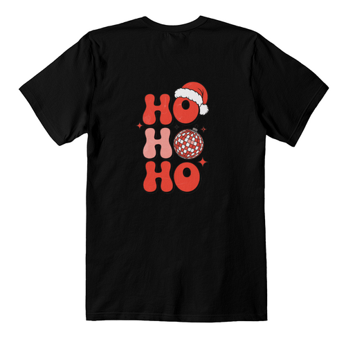 Retro “Ho Ho Ho” Disco Ball Christmas T-Shirt – Bella + Canvas 3001 (Back Print)
