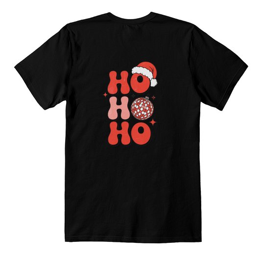 Retro “Ho Ho Ho” Disco Ball Christmas T-Shirt – Bella + Canvas 3001 (Back Print)
