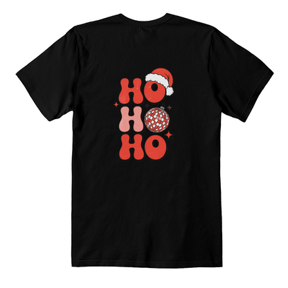 Retro “Ho Ho Ho” Disco Ball Christmas T-Shirt – Bella + Canvas 3001 (Back Print)