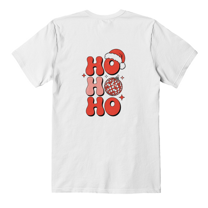 Retro “Ho Ho Ho” Disco Ball Christmas T-Shirt – Bella + Canvas 3001 (Back Print)
