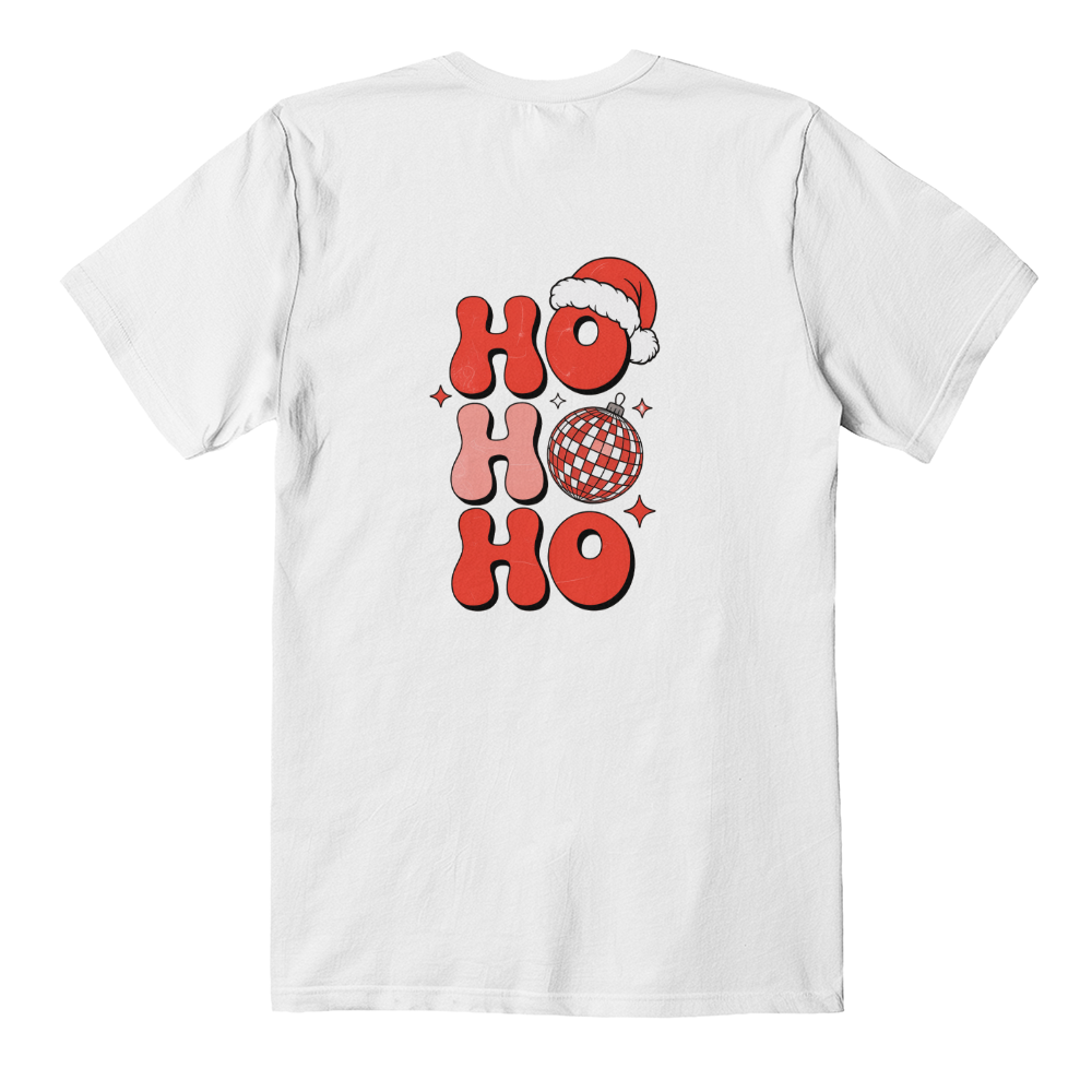 Retro “Ho Ho Ho” Disco Ball Christmas T-Shirt – Bella + Canvas 3001 (Back Print)