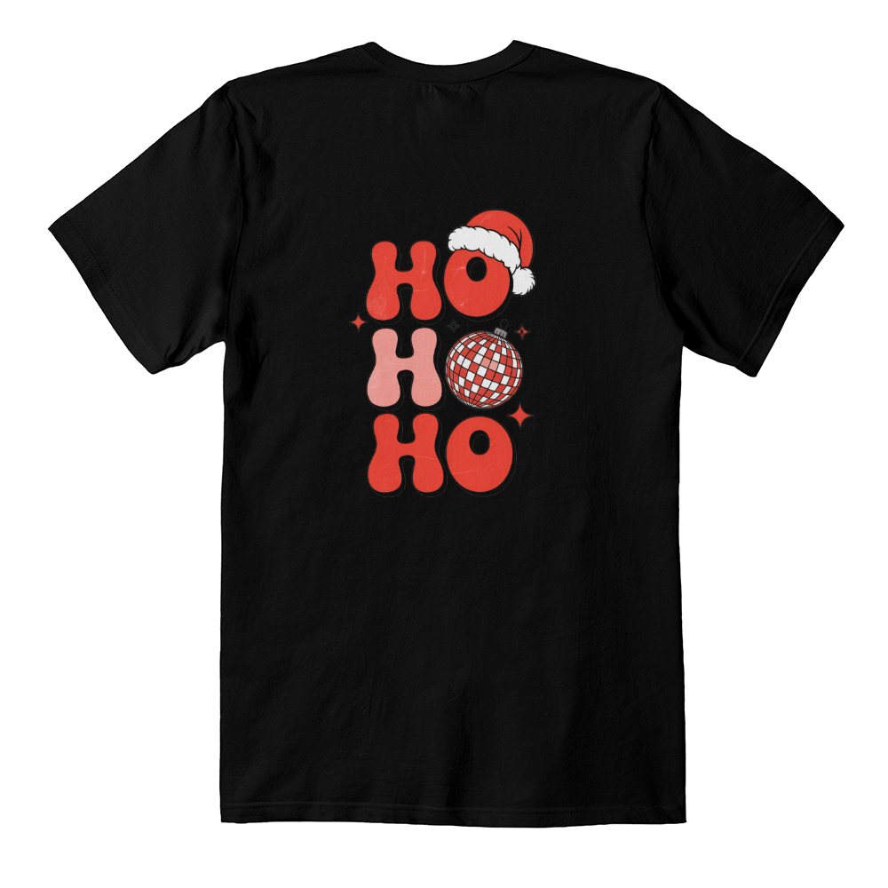 Retro “Ho Ho Ho” Disco Ball Christmas T-Shirt – Bella + Canvas 3001 (Back Print)