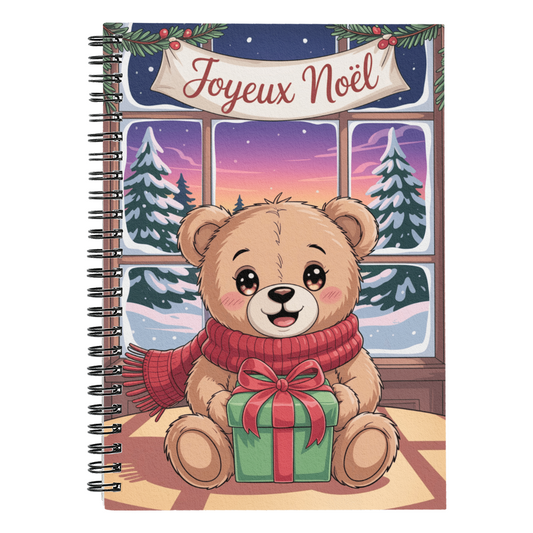 Joyeux Noël Teddy Bear Spiral Notebook – Cute Christmas Anime Gift Journal | Custom Christmas Gift in French