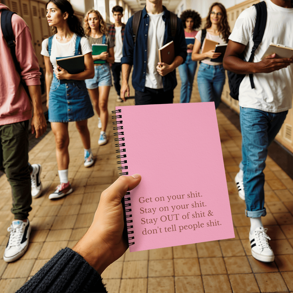 Motivational notebook placed on modern desk with coffee cup and laptop for productivity.