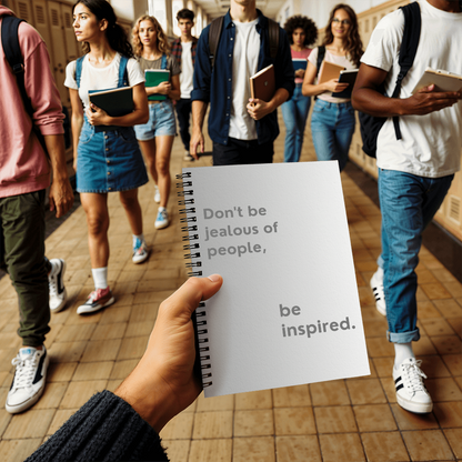 Notebook alongside planner, flowers, and stationery for motivational workspace aesthetic.
