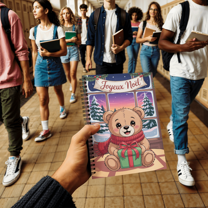 Joyeux Noël Teddy Bear Spiral Notebook – Cute Christmas Anime Gift Journal | Custom Christmas Gift in French