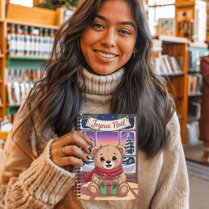 Joyeux Noël Teddy Bear Spiral Notebook – Cute Christmas Anime Gift Journal | Custom Christmas Gift in French