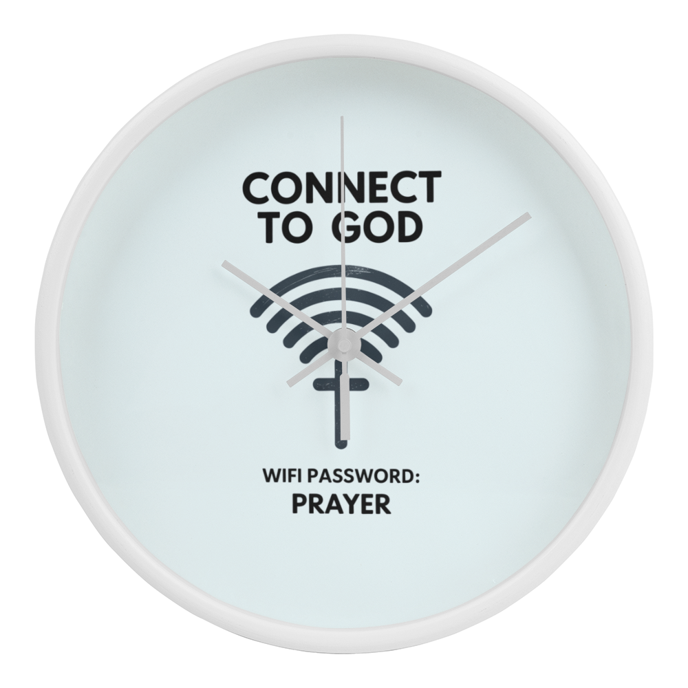 “Connect to God – WiFi Password: PRAYER” wooden frame wall clock
