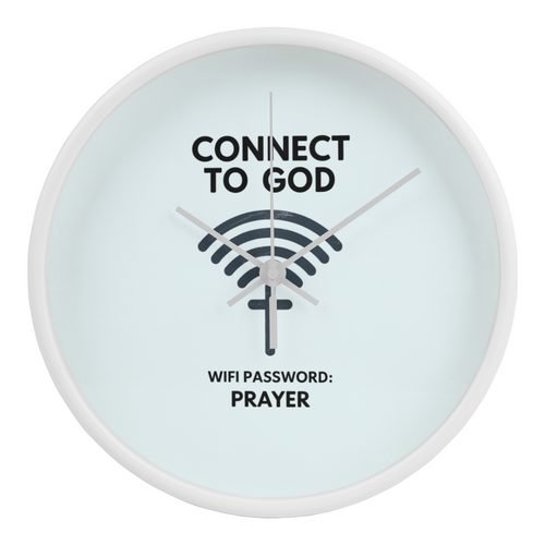 “Connect to God – WiFi Password: PRAYER” wooden frame wall clock