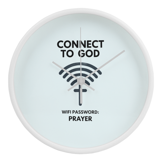 “Connect to God – WiFi Password: PRAYER” wooden frame wall clock