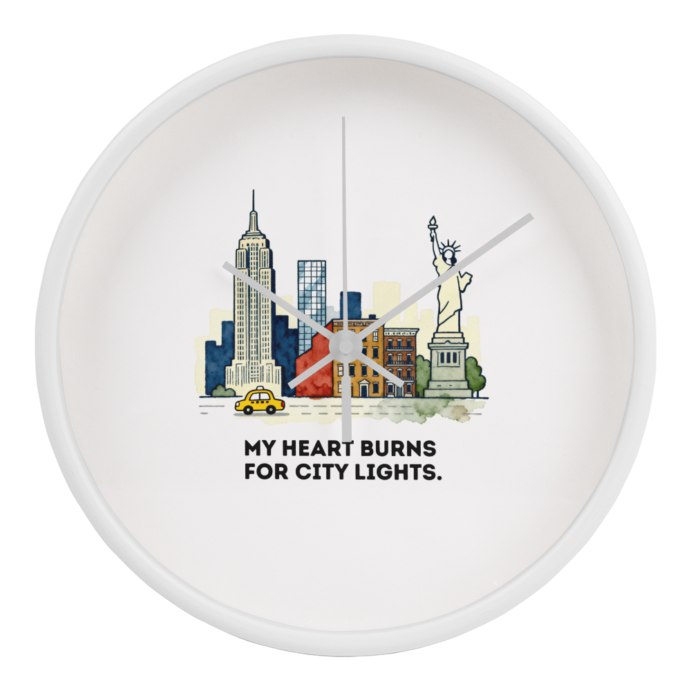 New York City Wall Clock – “My Heart Burns for City Lights” | NYC Skyline Clock | Yellow Taxi & Statue of Liberty Art