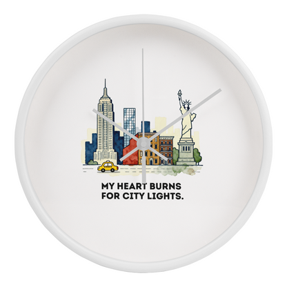 New York City Wall Clock – “My Heart Burns for City Lights” | NYC Skyline Clock | Yellow Taxi & Statue of Liberty Art