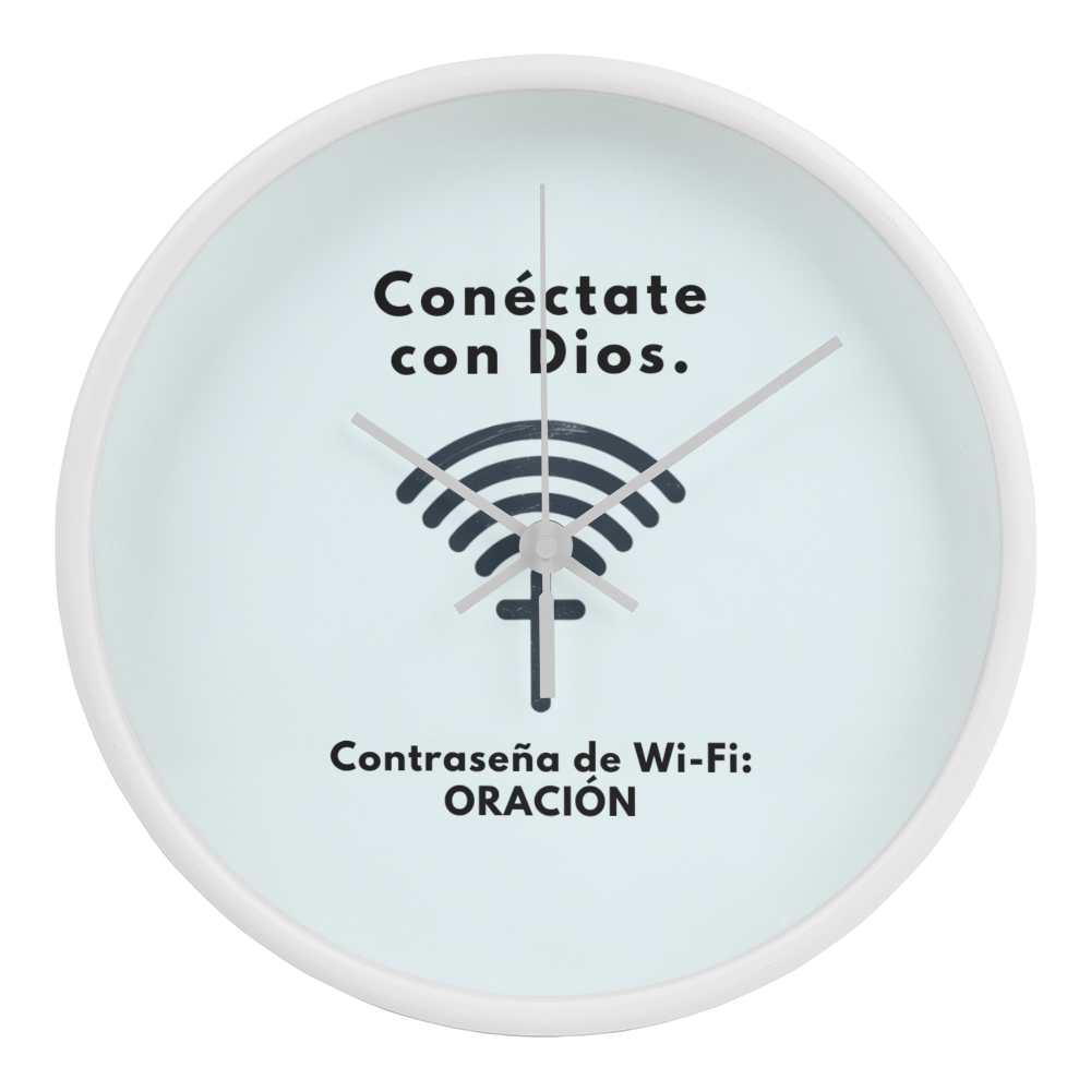 “Conéctate con Dios. Contraseña de Wi-Fi: ORACIÓN.” Christian wall clock