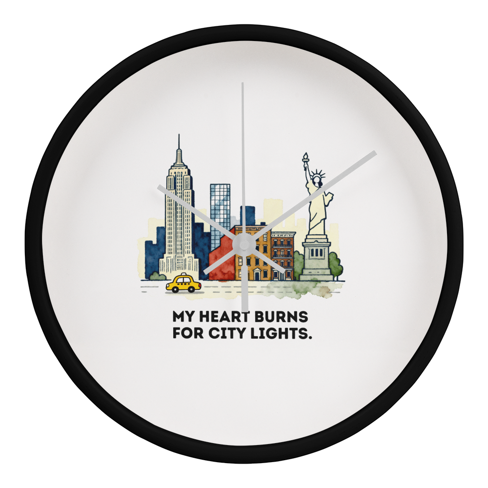 New York City Wall Clock – “My Heart Burns for City Lights” | NYC Skyline Clock | Yellow Taxi & Statue of Liberty Art