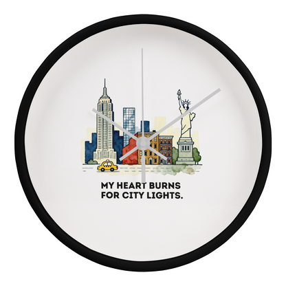 New York City Wall Clock – “My Heart Burns for City Lights” | NYC Skyline Clock | Yellow Taxi & Statue of Liberty Art