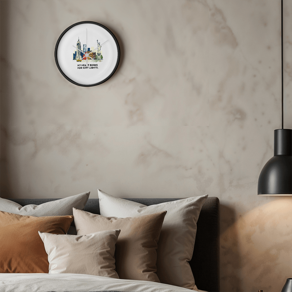 New York City Wall Clock – “My Heart Burns for City Lights” | NYC Skyline Clock | Yellow Taxi & Statue of Liberty Art