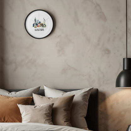 New York City Wall Clock – “My Heart Burns for City Lights” | NYC Skyline Clock | Yellow Taxi & Statue of Liberty Art