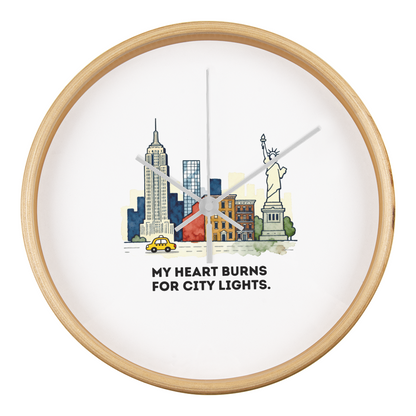 New York City Wall Clock – “My Heart Burns for City Lights” | NYC Skyline Clock | Yellow Taxi & Statue of Liberty Art