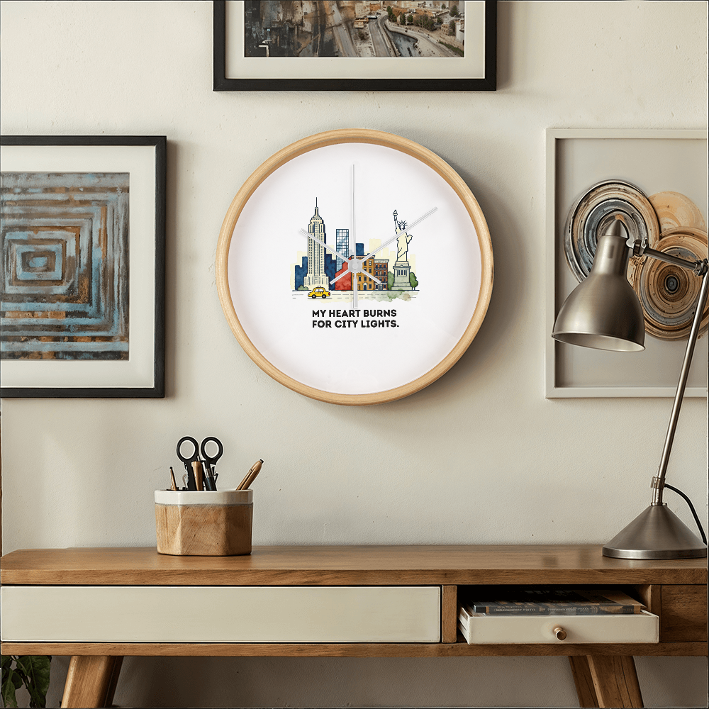 New York City Wall Clock – “My Heart Burns for City Lights” | NYC Skyline Clock | Yellow Taxi & Statue of Liberty Art