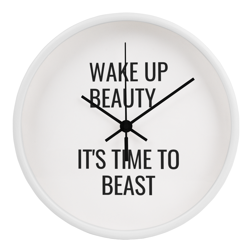 Inspirational clock hanging in bright home office for daily motivation.