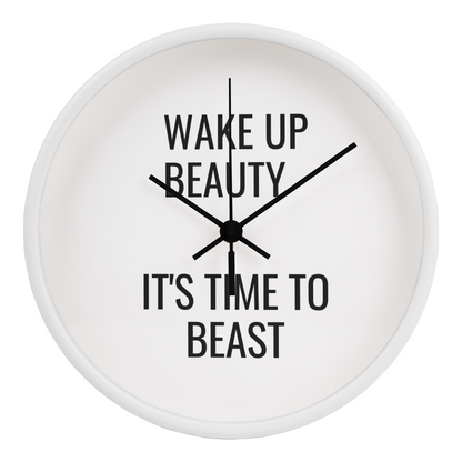 Inspirational clock hanging in bright home office for daily motivation.