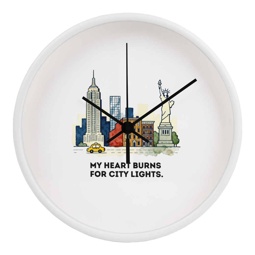 New York City Wall Clock – “My Heart Burns for City Lights” | NYC Skyline Clock | Yellow Taxi & Statue of Liberty Art