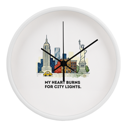 New York City Wall Clock – “My Heart Burns for City Lights” | NYC Skyline Clock | Yellow Taxi & Statue of Liberty Art