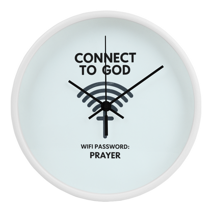 Close-up of wooden frame clock featuring Christian quote design