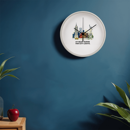 New York City Wall Clock – “My Heart Burns for City Lights” | NYC Skyline Clock | Yellow Taxi & Statue of Liberty Art