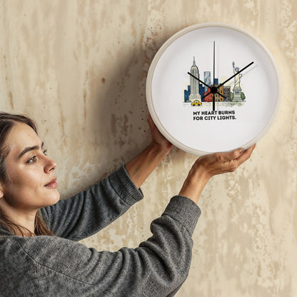 New York City Wall Clock – “My Heart Burns for City Lights” | NYC Skyline Clock | Yellow Taxi & Statue of Liberty Art
