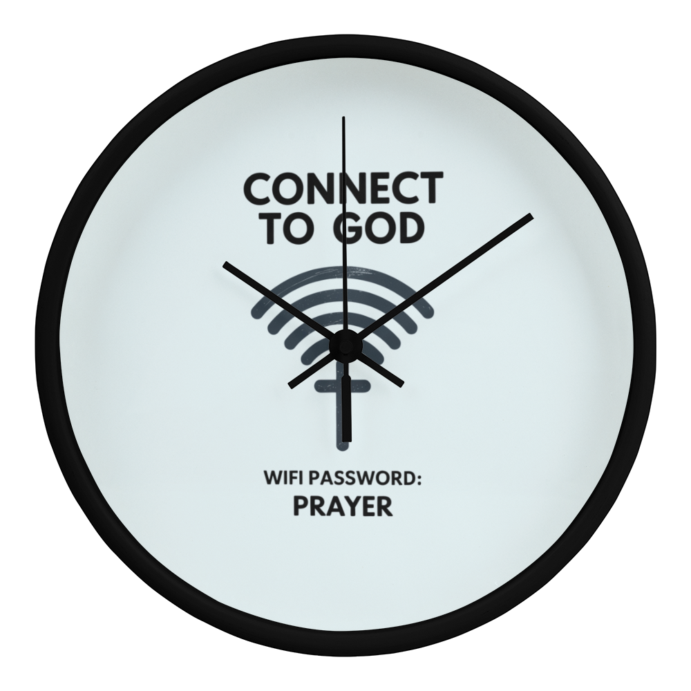 Clock displayed in cozy prayer room with faith wall art