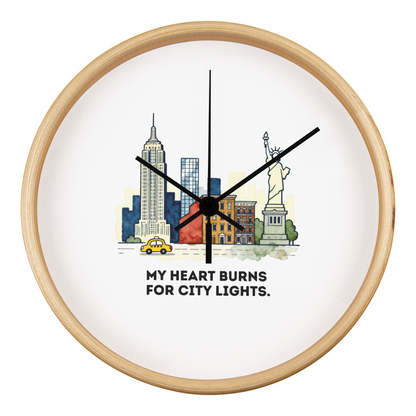 New York City Wall Clock – “My Heart Burns for City Lights” | NYC Skyline Clock | Yellow Taxi & Statue of Liberty Art