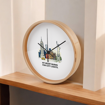 New York City Wall Clock – “My Heart Burns for City Lights” | NYC Skyline Clock | Yellow Taxi & Statue of Liberty Art