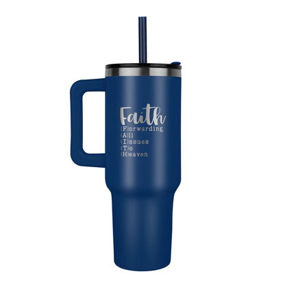 Faith and coffee travel mug styled for morning routine