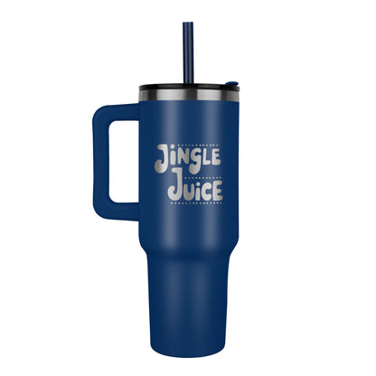 Woman holding Jingle Juice Christmas tumbler during holiday outing”