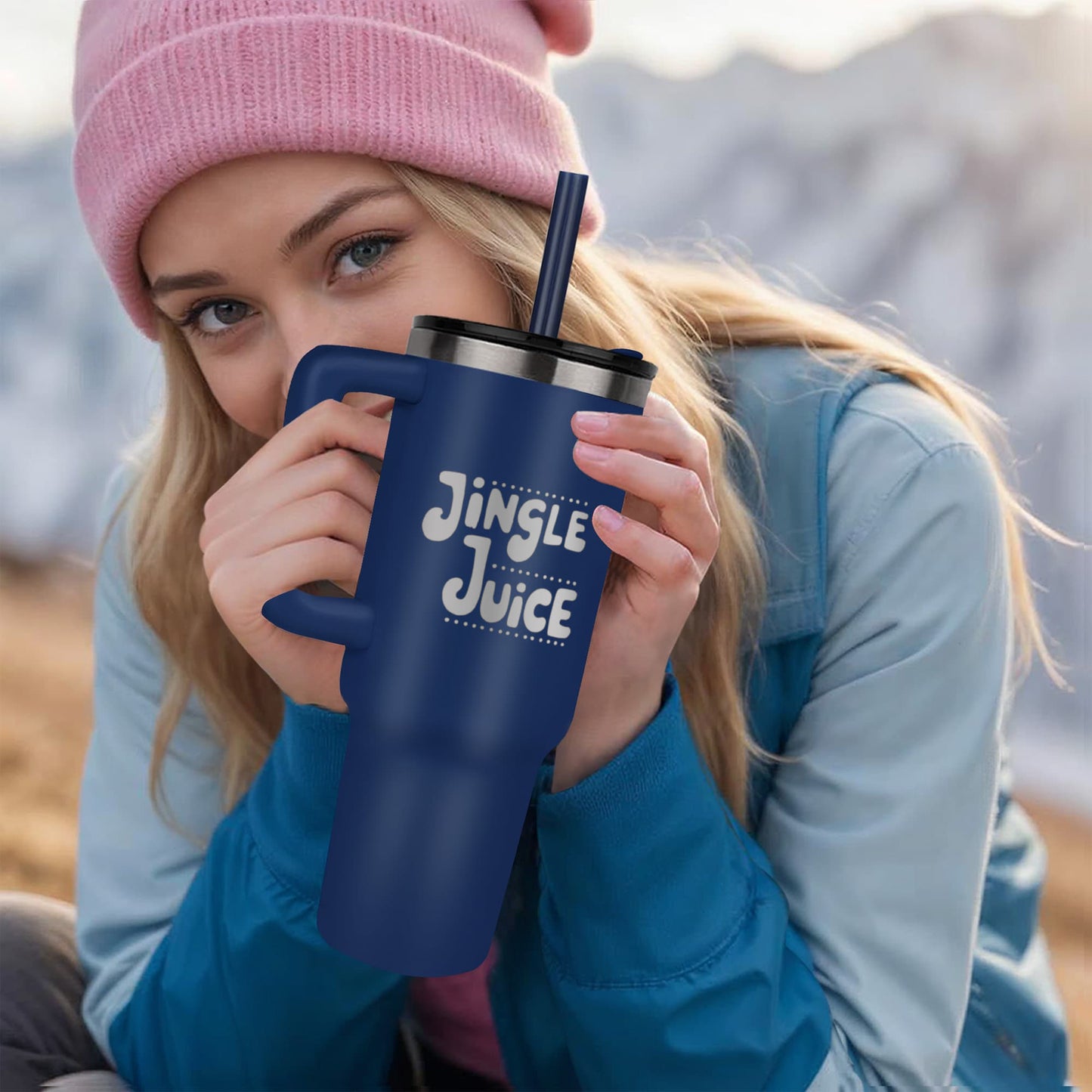 Jingle Juice insulated cup in car cup holder winter travel scene