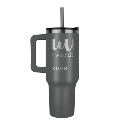 Hot and cold insulated mug placed beside Bible and notebook