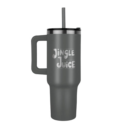 Gift-ready Jingle Juice tumbler wrapped in holiday ribbon