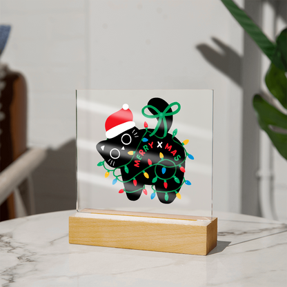 Playful Black Cat Merry X-mass Engraved Acrylic Circle Plaque